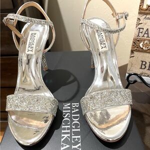 Badgley Mischka Silver Glitter Ankle-Strap Heels